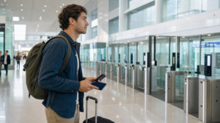 Arriving traveler holding a passport and phone with a current Visit Japan Web code at a Japanese airport