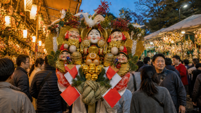 Large decorated kumade lucky rake at a lantern-lit Japanese autumn market