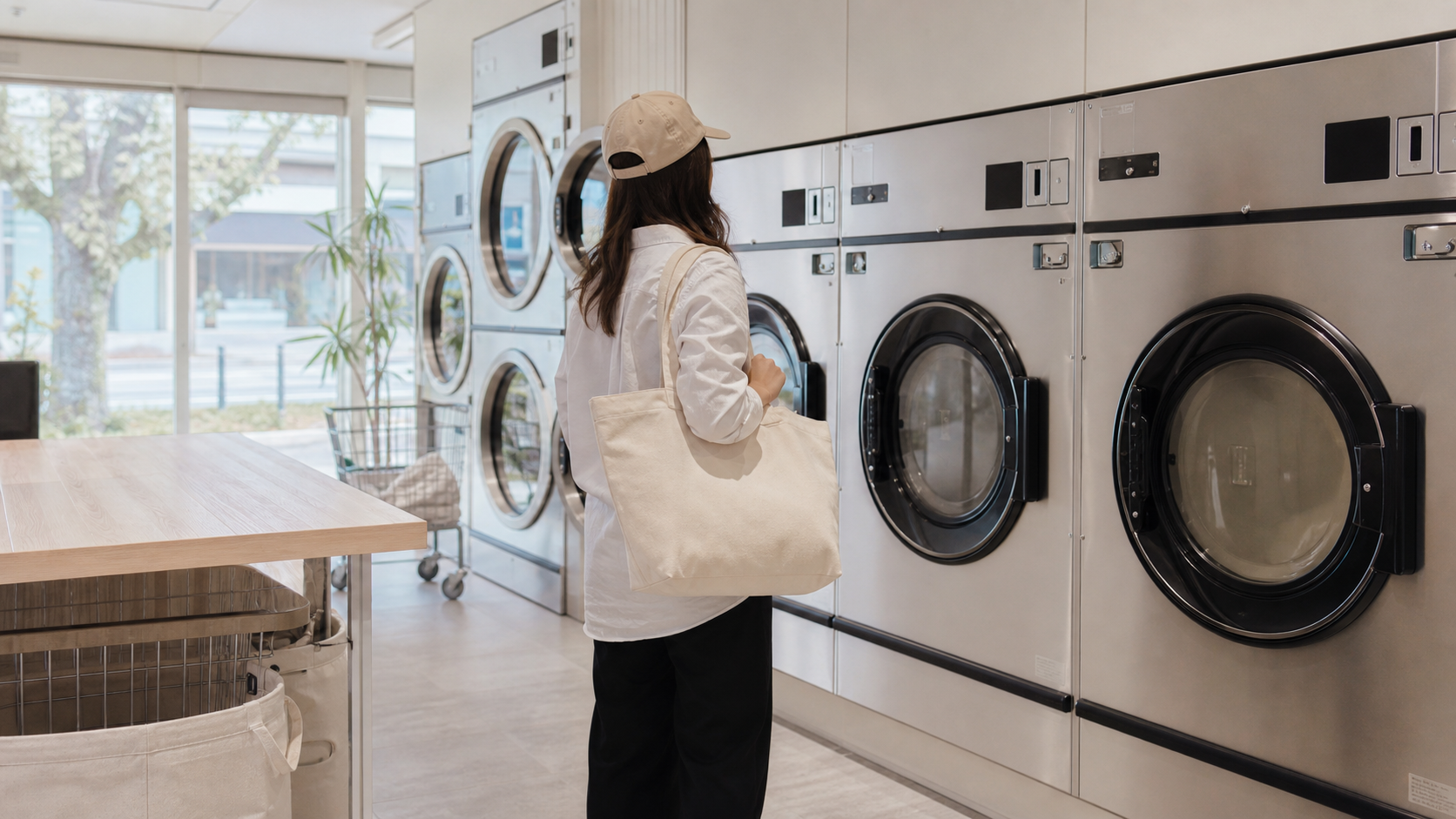 Traveler choosing a machine in a clean Japanese coin laundry