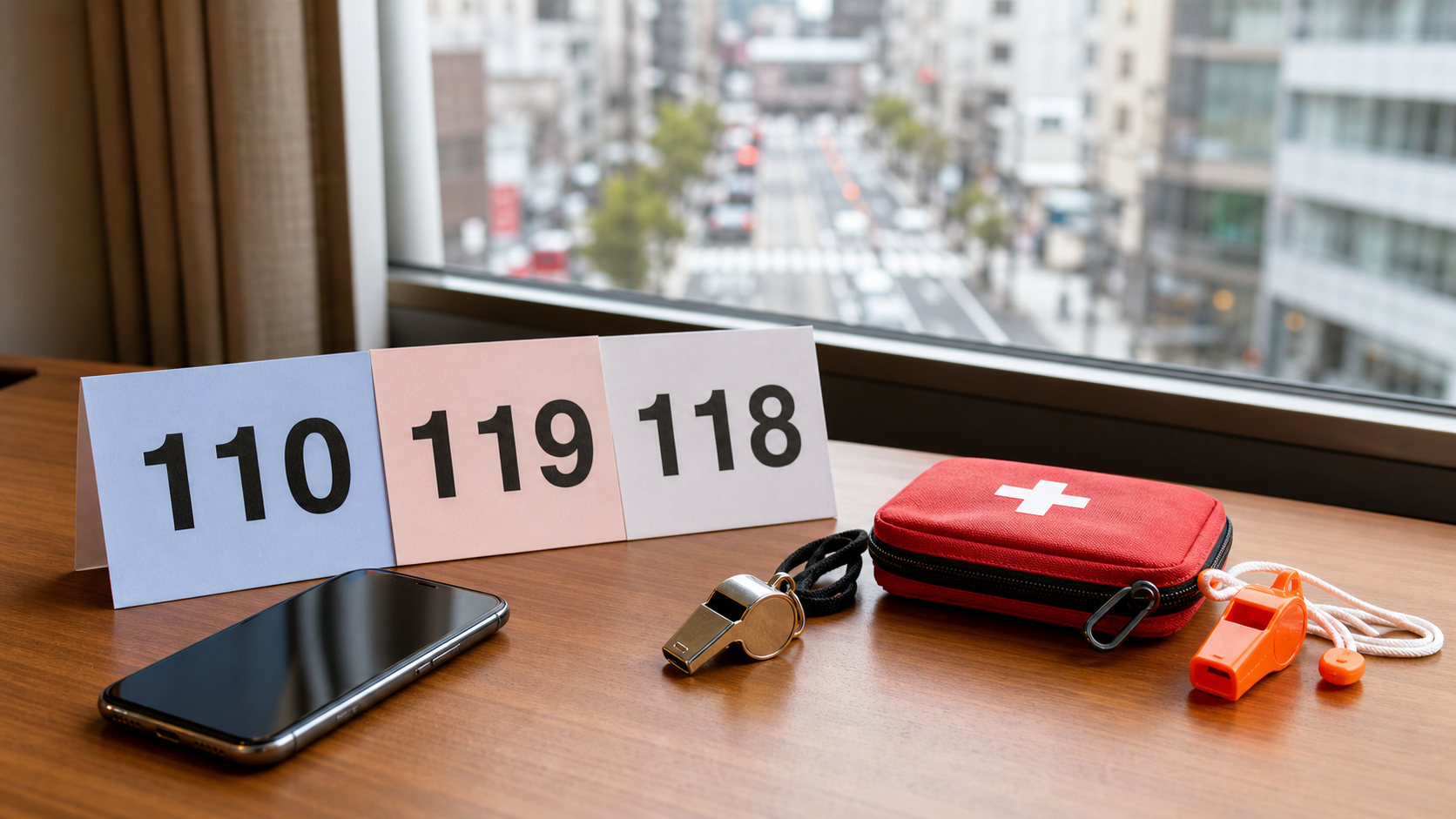 Japan emergency numbers 110, 119 and 118 prepared on a hotel desk
