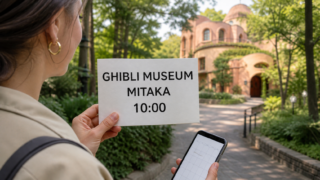 Traveler holding a Ghibli Museum Mitaka 10:00 planning card on a woodland path