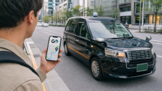 Tourist viewing the GO taxi app beside a Japanese taxi in Tokyo