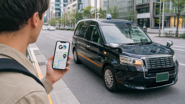 Tourist viewing the GO taxi app beside a Japanese taxi in Tokyo