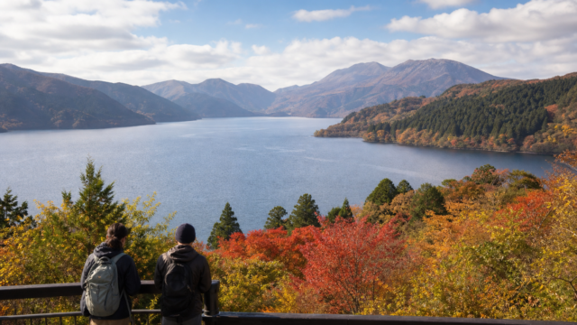 Two travelers overlooking Lake Ashi and autumn-colored mountains in Hakone