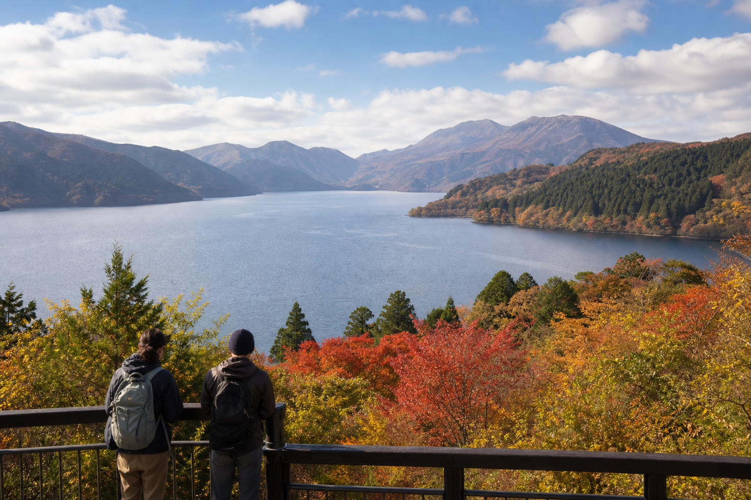 Two travelers overlooking Lake Ashi and autumn-colored mountains in Hakone