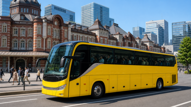 Yellow sightseeing coach near Tokyo Station in clear daylight
