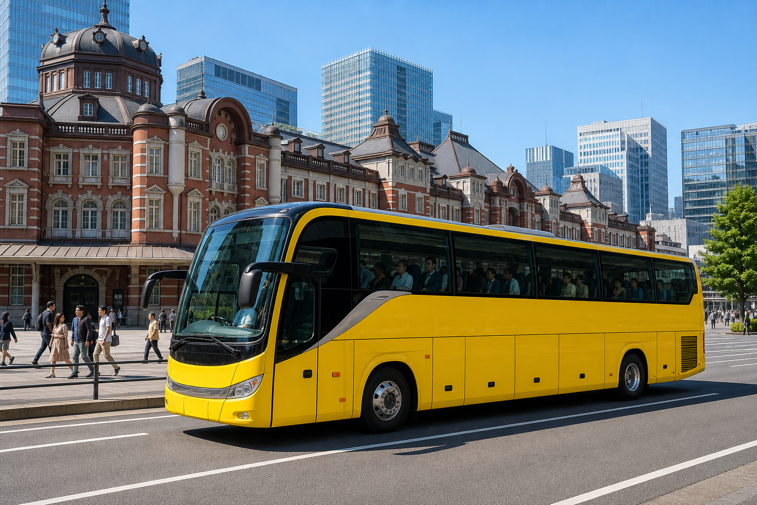 Yellow sightseeing coach near Tokyo Station in clear daylight