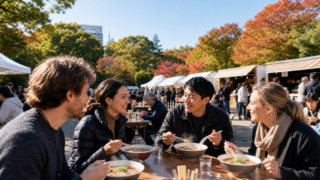 International visitors eating ramen at an autumn food festival in a Tokyo park