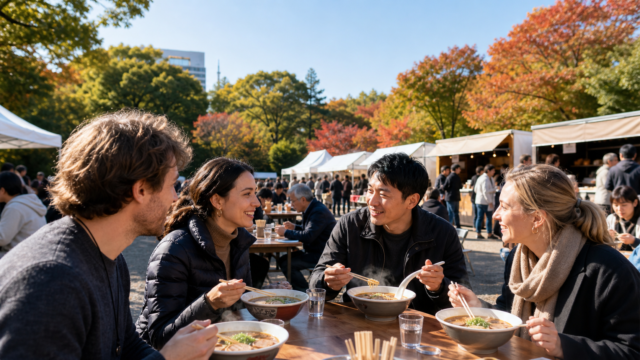 International visitors eating ramen at an autumn food festival in a Tokyo park