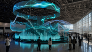 A large original teal virtual-music installation inside a Makuhari Messe-scale exhibition hall