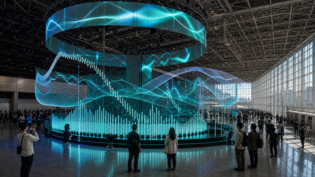 A large original teal virtual-music installation inside a Makuhari Messe-scale exhibition hall