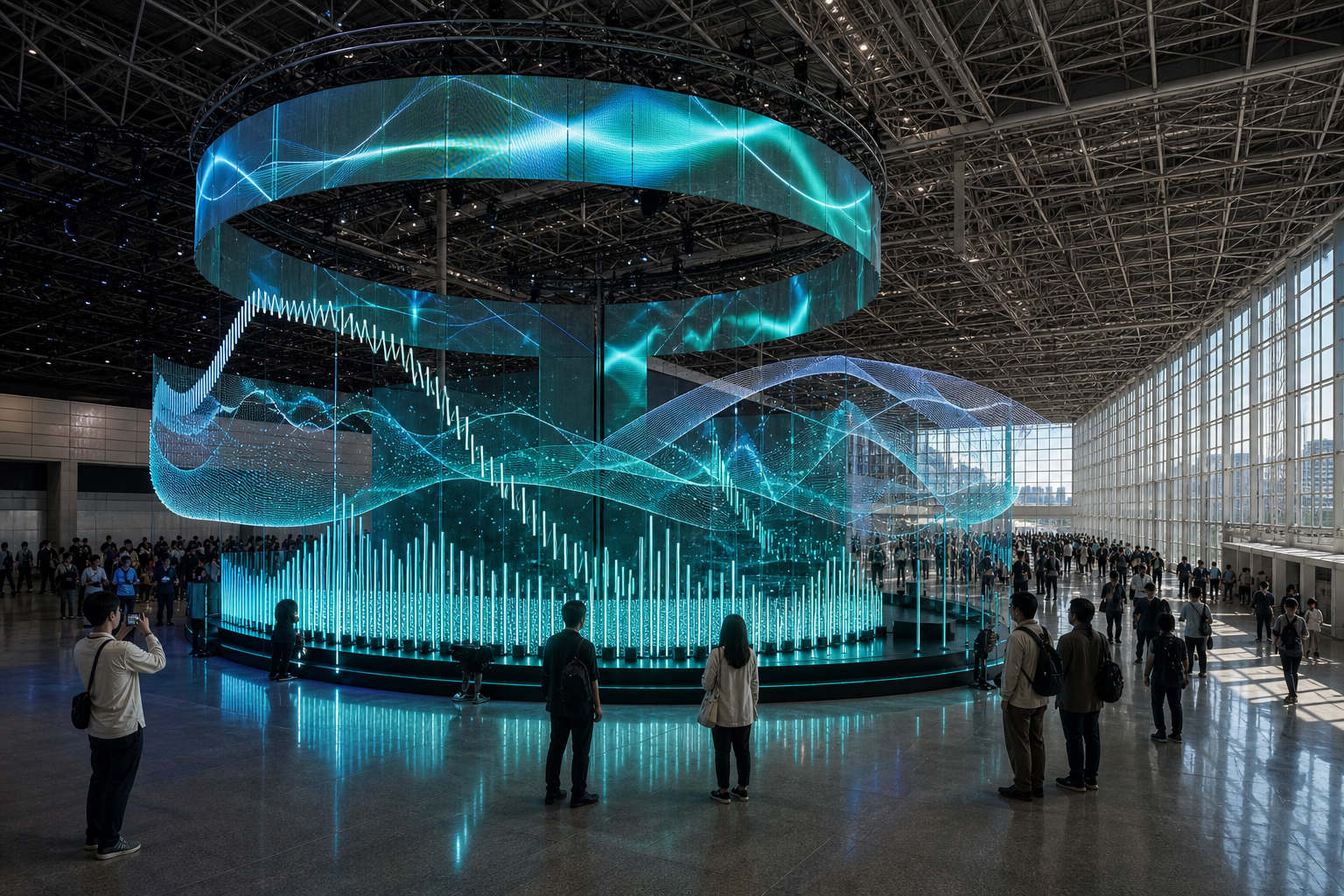 A large original teal virtual-music installation inside a Makuhari Messe-scale exhibition hall