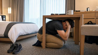 International traveler protecting his head beside a hotel bed during an earthquake in Japan