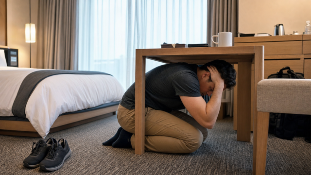 International traveler protecting his head beside a hotel bed during an earthquake in Japan