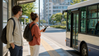 International travelers checking a local bus at a stop in Japan
