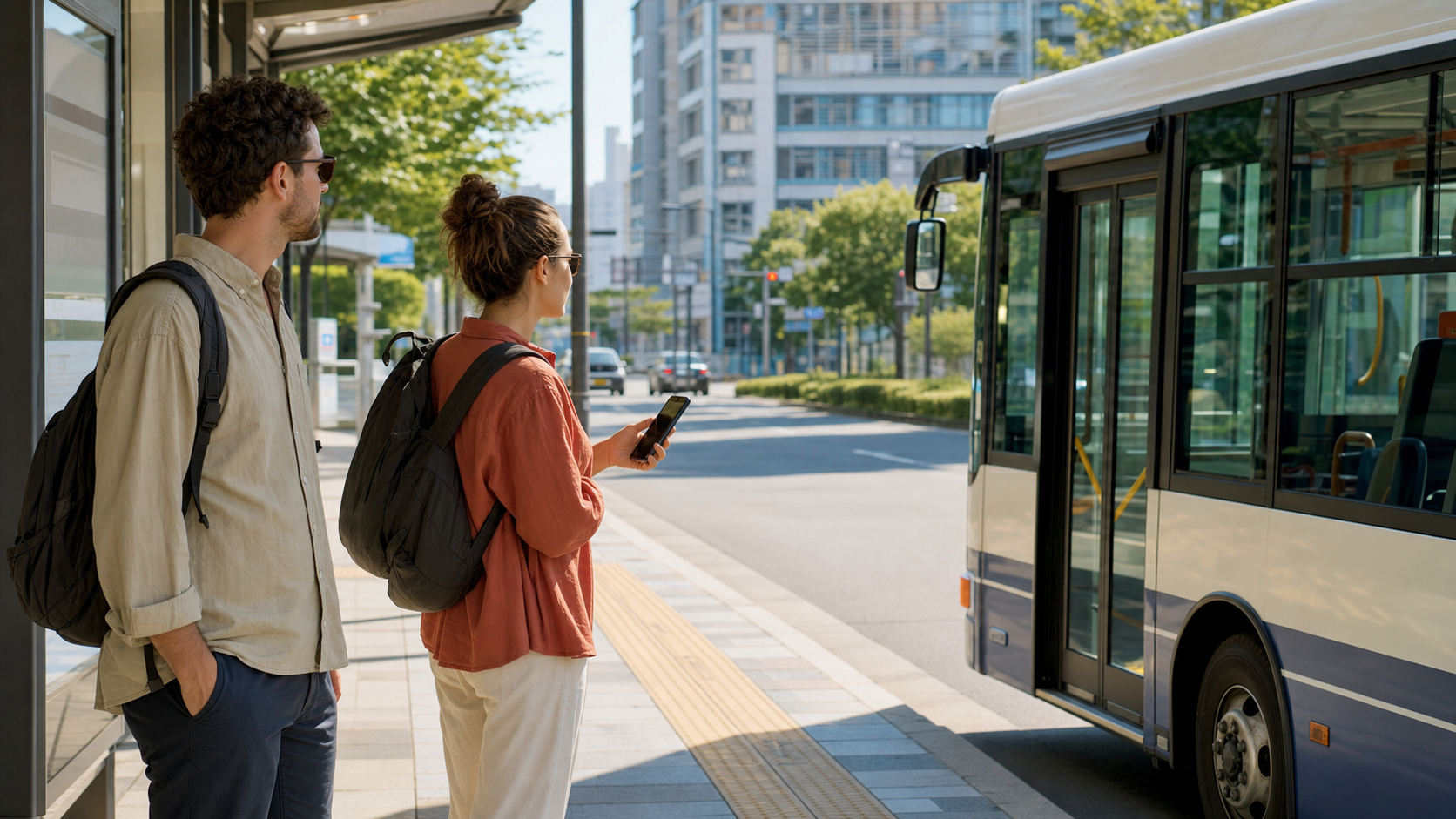International travelers checking a local bus at a stop in Japan