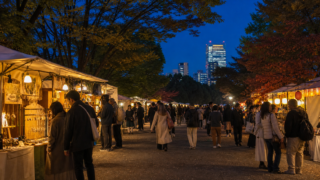 Illustrative outdoor night market stalls along a tree-lined avenue in Tokyo at blue hour