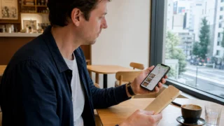 Traveler comparing restaurant choices in a Tokyo cafe