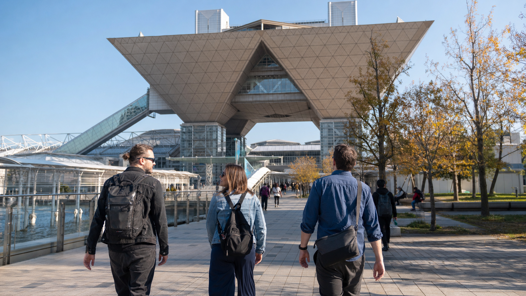 Overseas visitors approaching Tokyo Big Sight on a clear autumn day