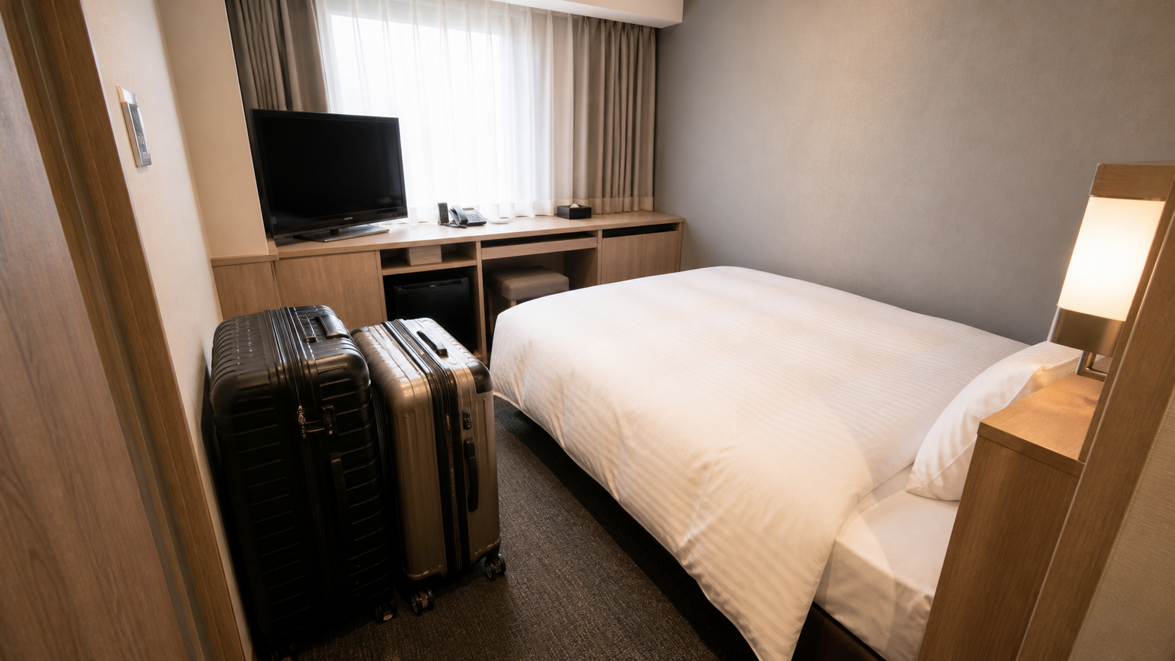 Compact Japanese hotel room with one bed and two large suitcases competing for floor space