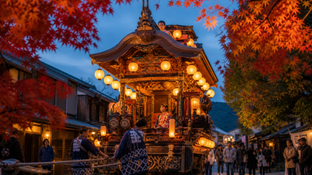 Lantern-lit traditional festival float framed by red autumn maple leaves in Japan