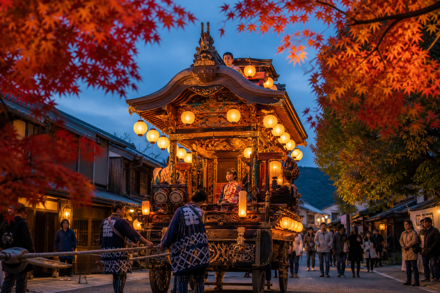 Lantern-lit traditional festival float framed by red autumn maple leaves in Japan