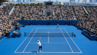 Professional tennis match on a blue hard court inside a large Tokyo stadium