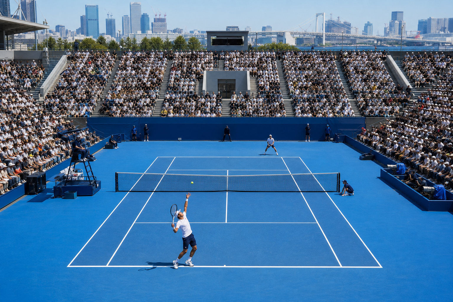 Professional tennis match on a blue hard court inside a large Tokyo stadium