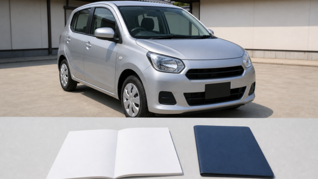 Compact rental car at a Japanese pickup area with a blank paper permit booklet and passport folder in the foreground