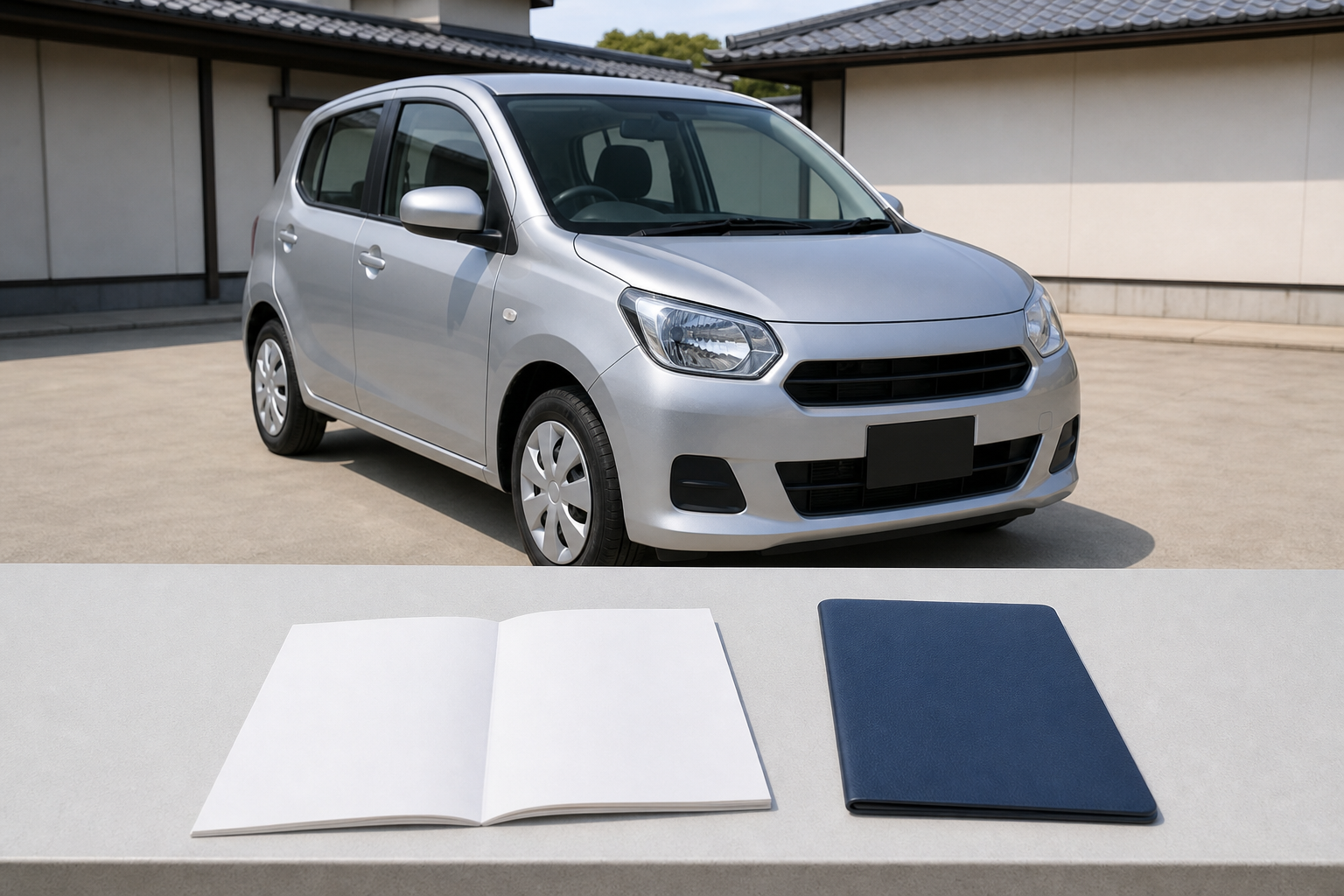Compact rental car at a Japanese pickup area with a blank paper permit booklet and passport folder in the foreground
