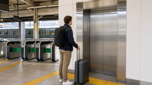 Japanese station elevator beside a traveler with a rolling suitcase