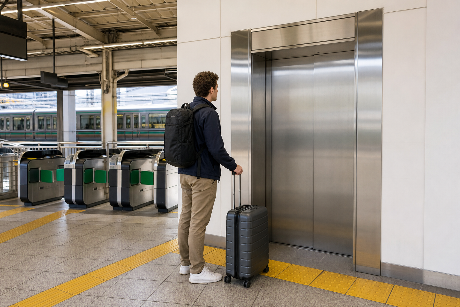 Japanese station elevator beside a traveler with a rolling suitcase