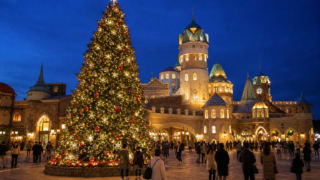Illustrative Japanese theme-park Christmas scene with a large festive tree