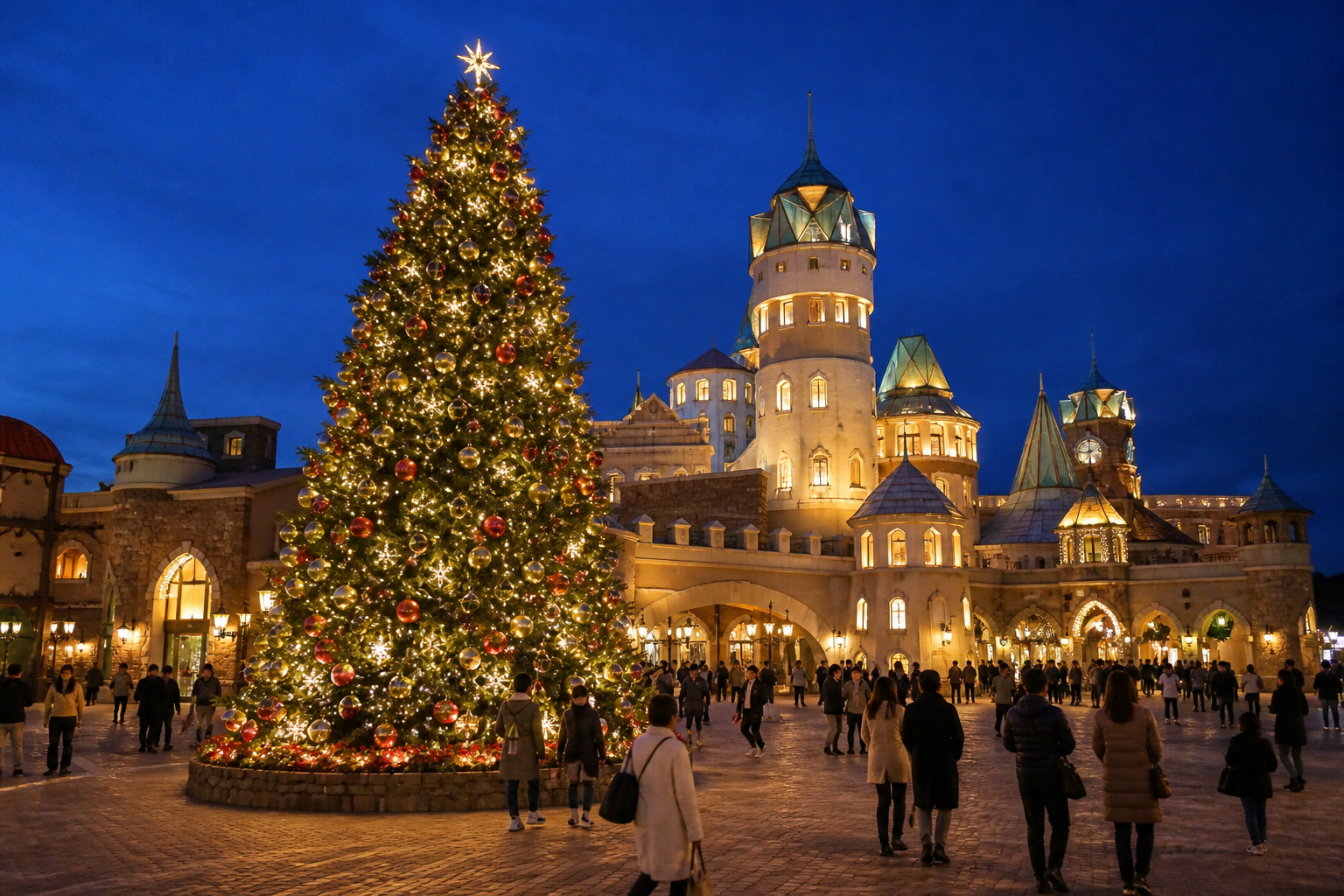 Illustrative Japanese theme-park Christmas scene with a large festive tree