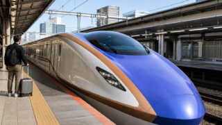 Modern Japanese high-speed train at a Tokyo-area platform for a JR TOKYO Wide Pass trip