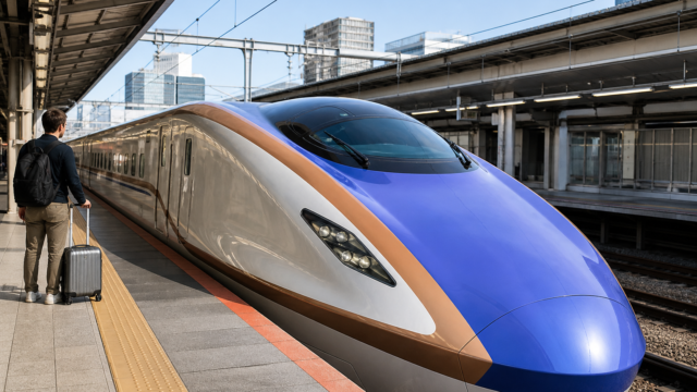 Modern Japanese high-speed train at a Tokyo-area platform for a JR TOKYO Wide Pass trip