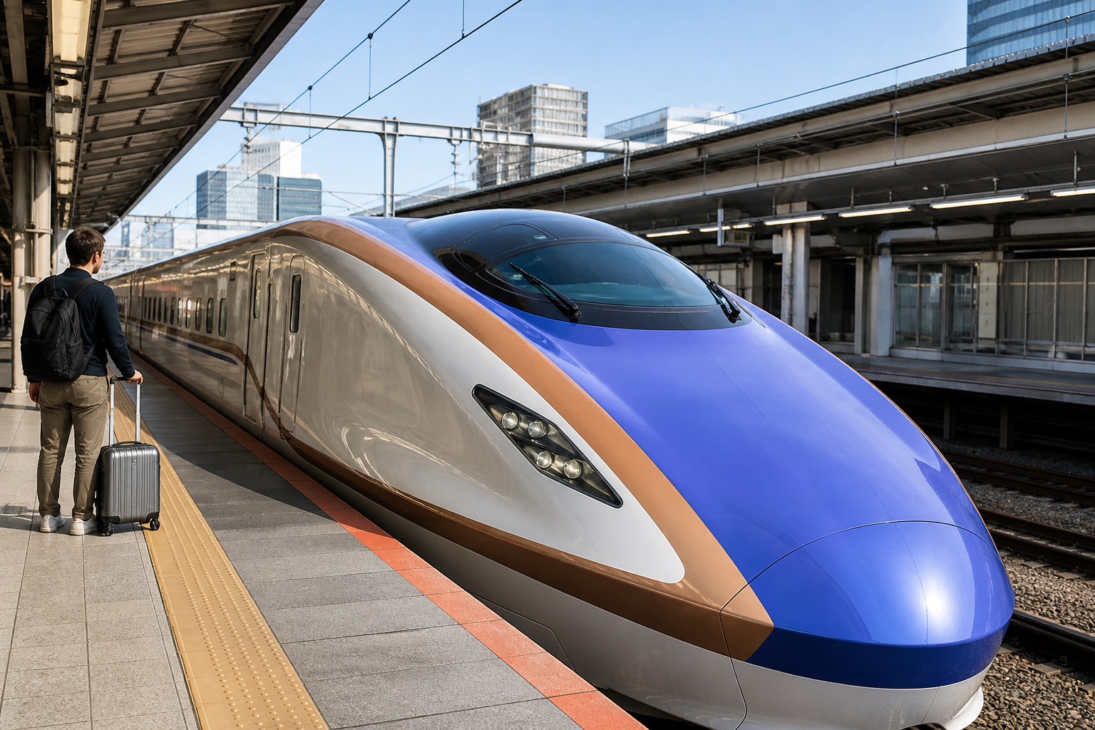 Modern Japanese high-speed train at a Tokyo-area platform for a JR TOKYO Wide Pass trip