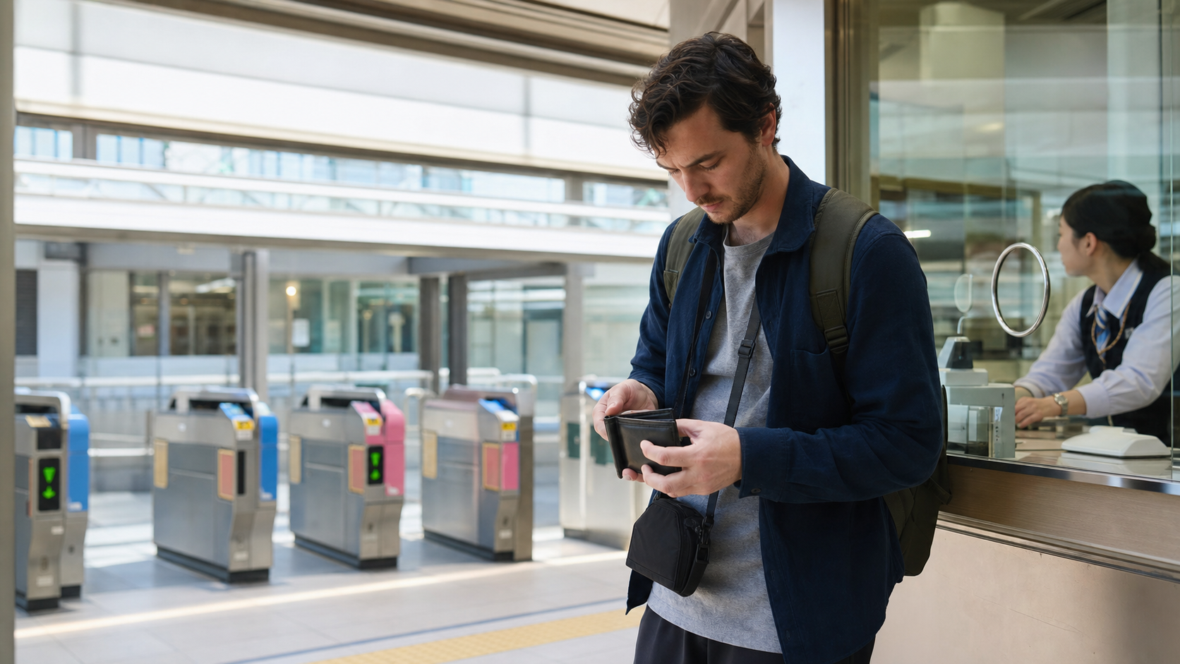 Traveler checking an empty wallet beside staffed ticket gates in a Japanese station