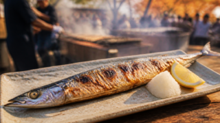 Whole grilled Pacific saury served with grated daikon at an autumn festival