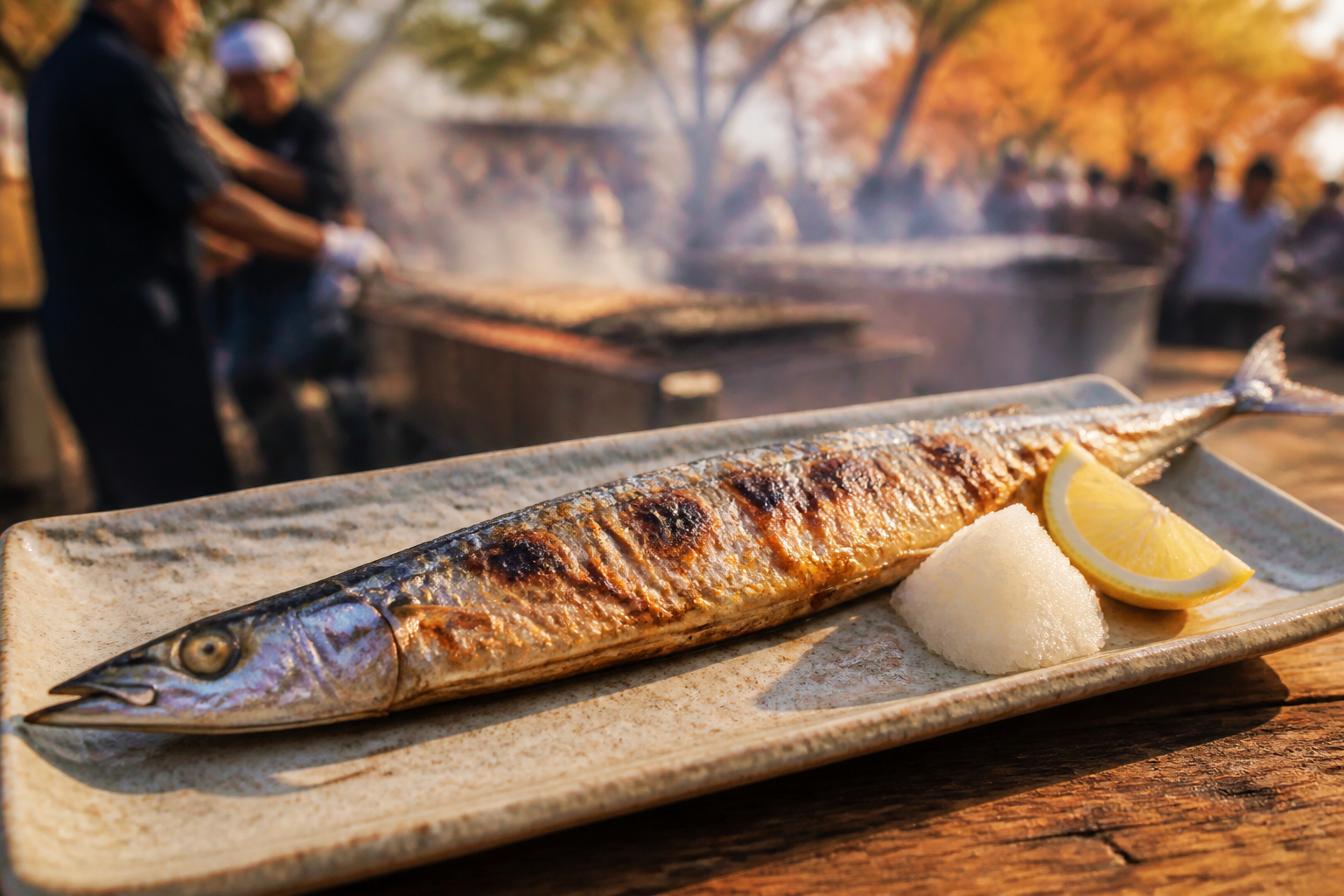 Whole grilled Pacific saury served with grated daikon at an autumn festival