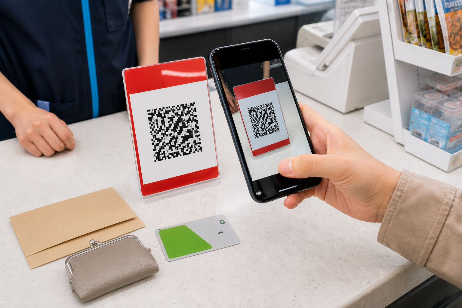 Visitor scanning a generic QR payment placard at a Japanese checkout with yen and an IC card ready as backups