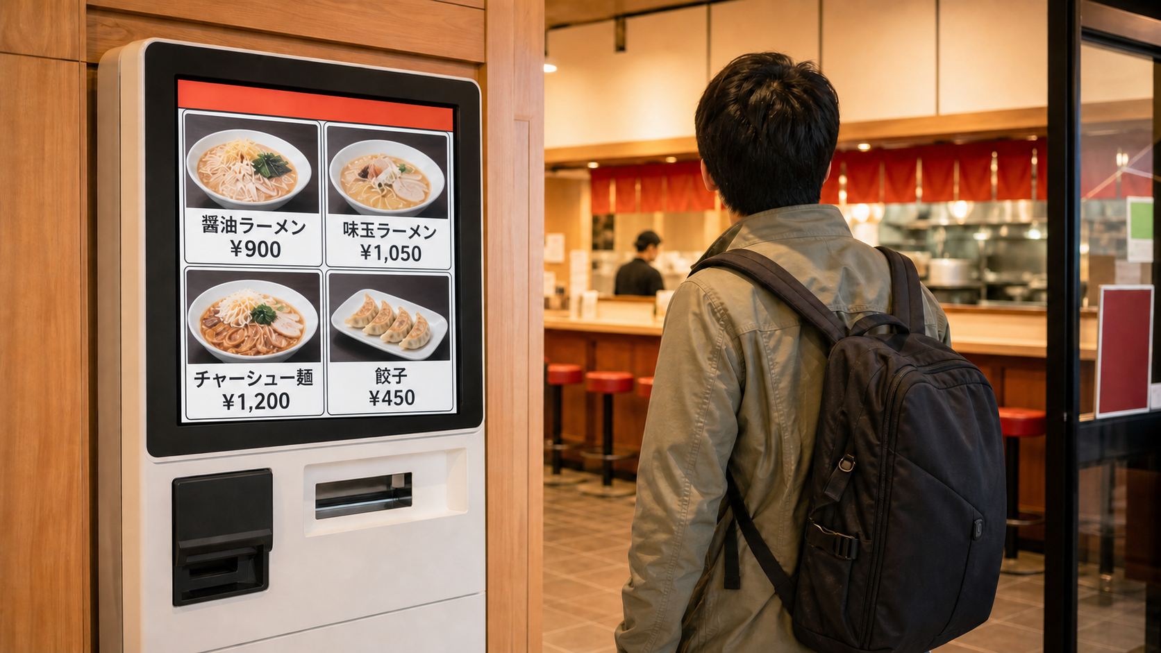 Restaurant ticket machine showing soy sauce ramen egg ramen chashu noodles and gyoza with prices