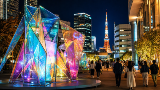 Large abstract light installation in the foreground of the Roppongi night skyline