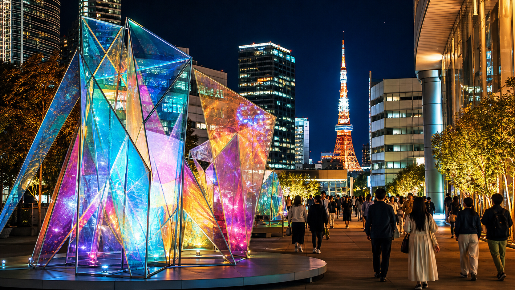 Large abstract light installation in the foreground of the Roppongi night skyline