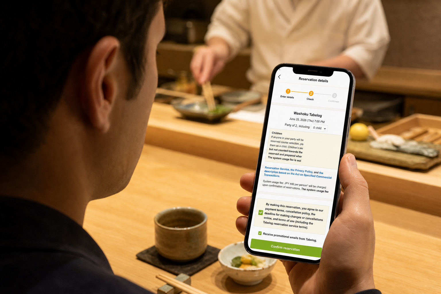Traveler checking the Tabelog English reservation details screen at a Japanese restaurant