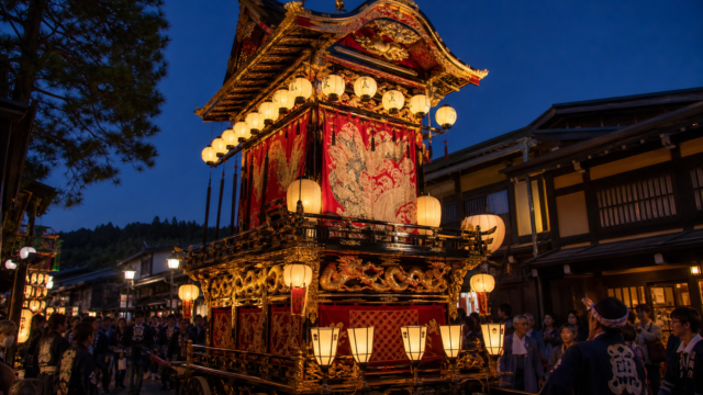 Lantern-lit Takayama festival float on a traditional street at blue hour