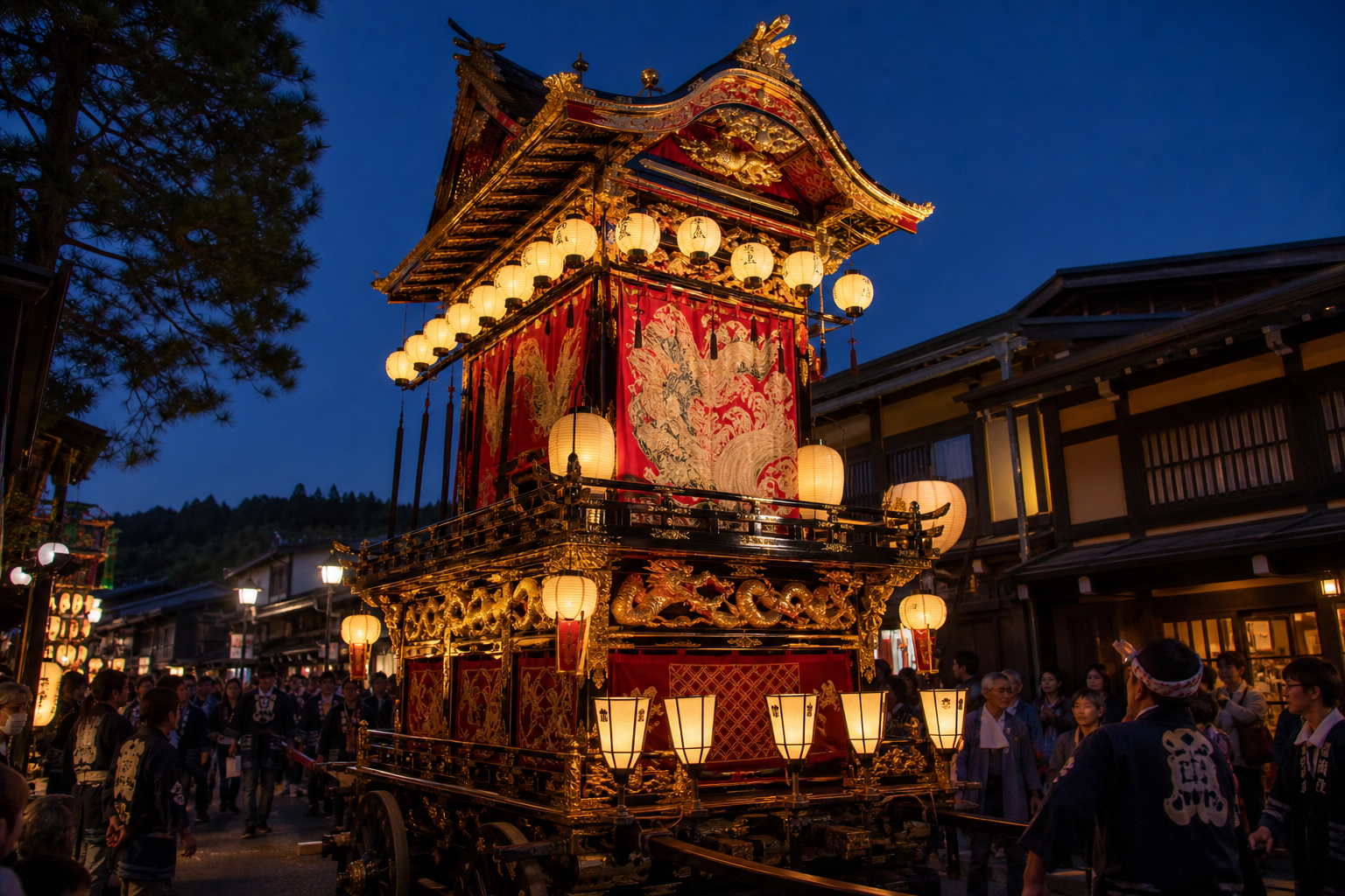 Lantern-lit Takayama festival float on a traditional street at blue hour