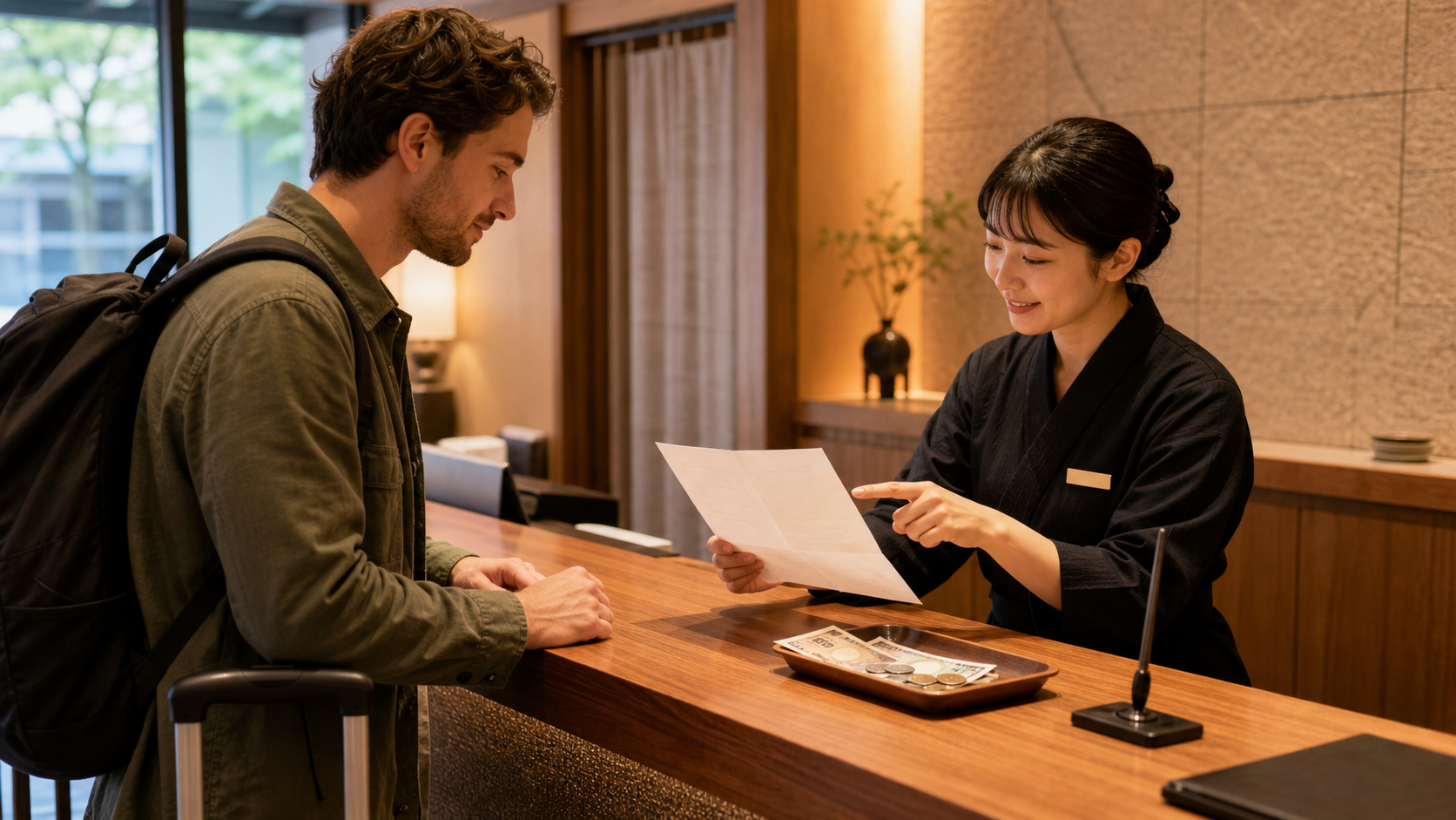 A traveler checks a hotel booking breakdown with a receptionist beside a small yen payment tray