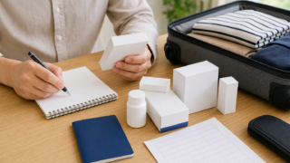 A traveler records medicine details beside a passport and carry-on bag before a Japan trip