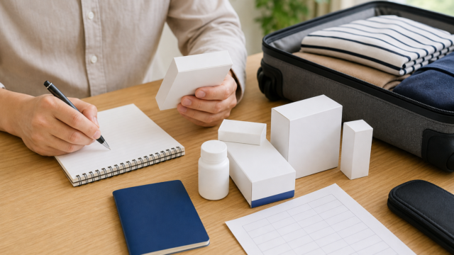 A traveler records medicine details beside a passport and carry-on bag before a Japan trip